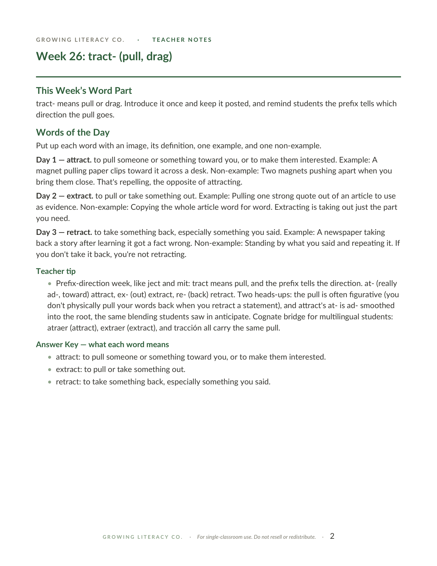 Free week teacher notes page