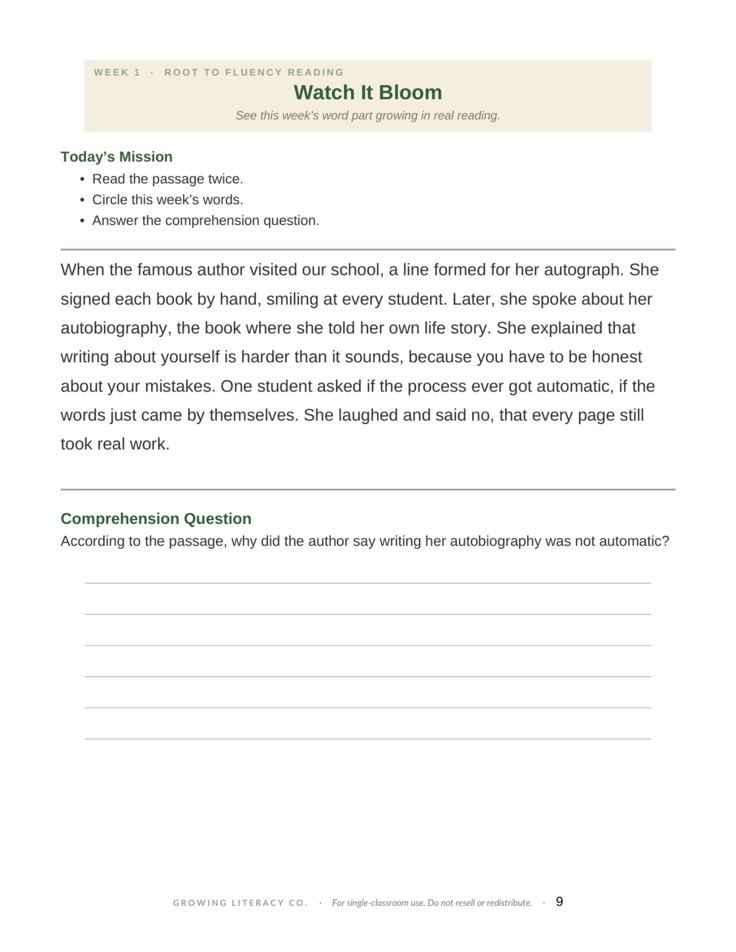 Root to Fluency reading passage page
